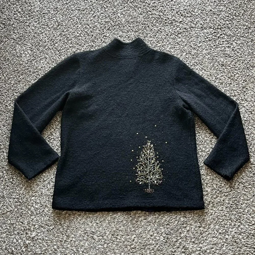 Vintage Coldwater Creek 100% Wool Black Sweater Women Large 80s Grandma Sequins - Picture 5 of 8